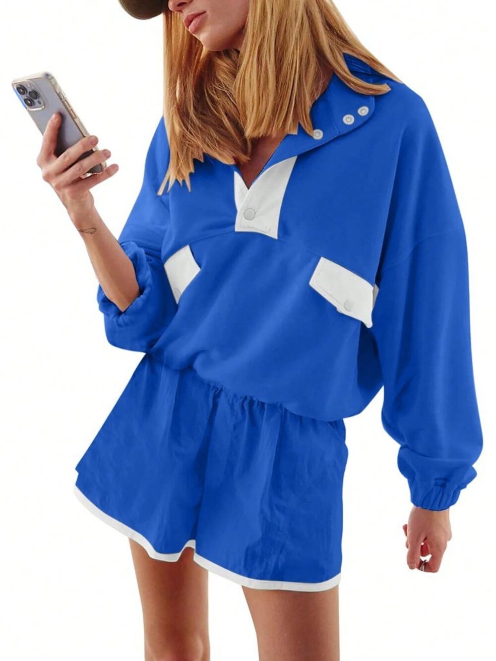 Blue Casual Women's Top & Shorts Two Piece Set